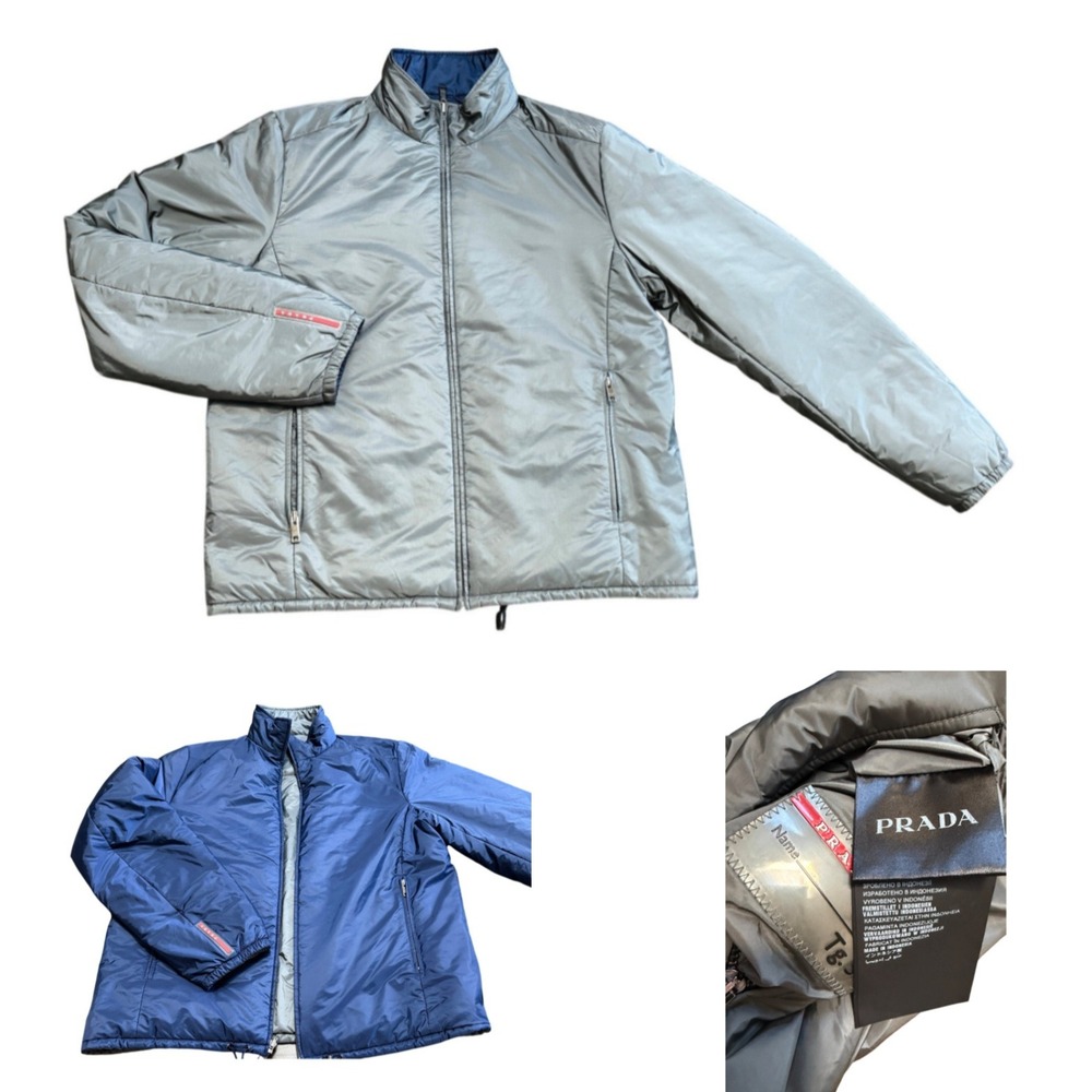Prada Reversible Puffer Jacket Grey Navy Linea Rossa SGA753 Size 54 XL Luxury